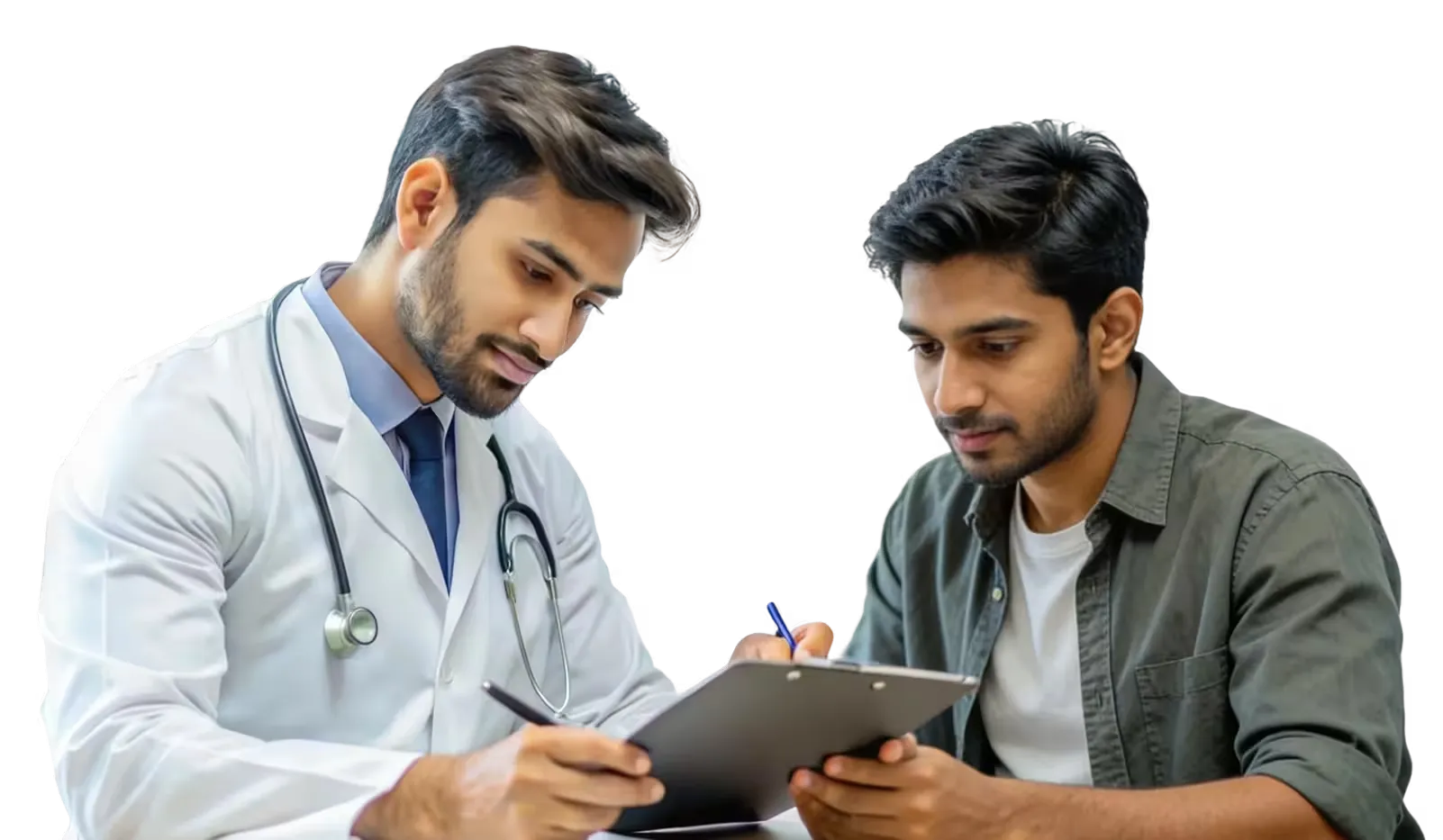 Doctor consulting a patient and writing notes on a clipboard