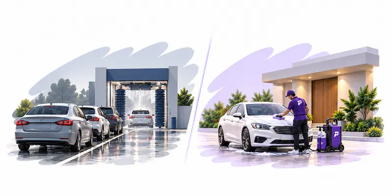 Automatic car wash tunnel compared with a Park+ doorstep car spa