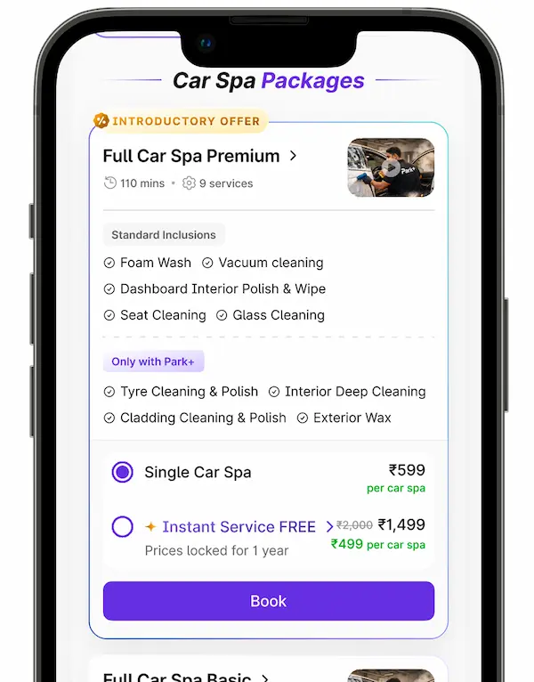 Car spa packages screen in the Park+ app