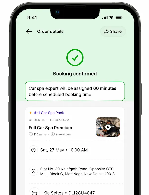Car spa booking confirmed screen in the Park+ app